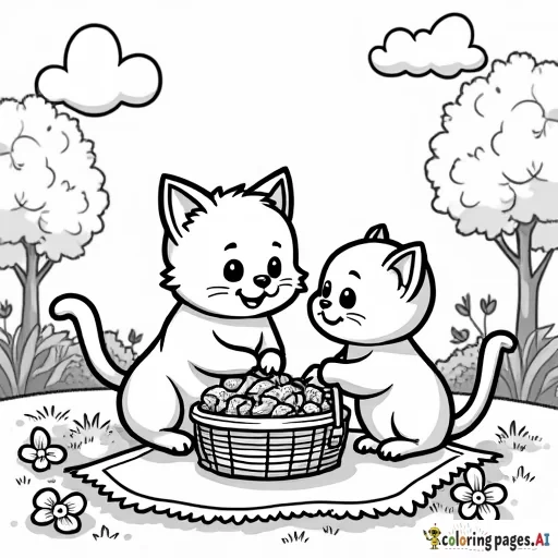 A playful cartoon cat and a kitten enjoying a picnic on a grassy field with a basket of food, flowers, and a blanket. The basket has treats like fish-shaped biscuits, and the scene has trees and clouds in the background, perfect for adding bright colors.  all in clear lines for a fun, coloring experience. black and white, line art, white background. plain white background. The outlines of all the subjects are bold black and easy to distinguish, making it simple for kids to color without too much difficulty.