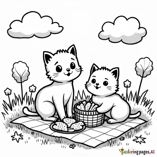 A playful cartoon cat and a kitten enjoying a picnic on a grassy field with a basket of food, flowers, and a blanket. The basket has treats like fish-shaped biscuits, and the scene has trees and clouds in the background, perfect for adding bright colors.  all in clear lines for a fun, coloring experience. black and white, line art, white background. plain white background. The outlines of all the subjects are bold black and easy to distinguish, making it simple for kids to color without too much difficulty.