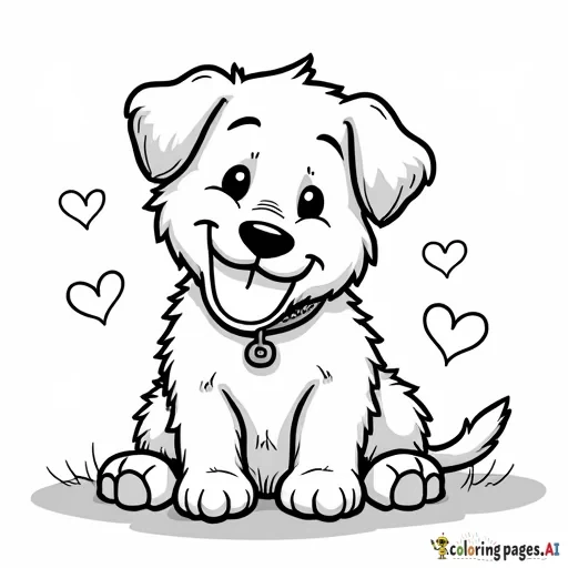 a puppy eating with hearts around it