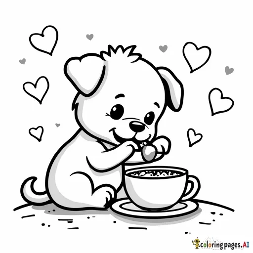 a puppy eating with hearts around it with a little girl named Arya