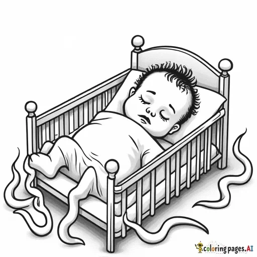 a realistic newborn girl sleeping in her crib but tentacles are coming up from under the bed