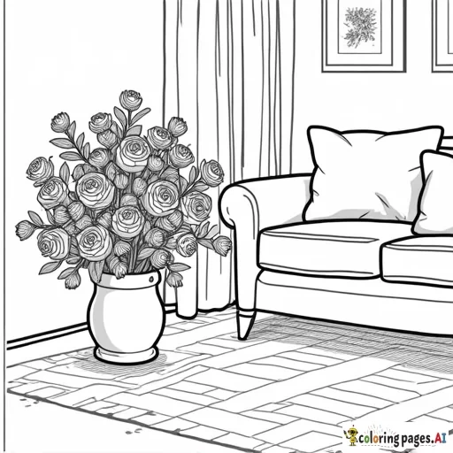 A  ROSES BOUQUET SET IN A LIVING ROOM  FETURING A MUSTARD YELLOW SOFA