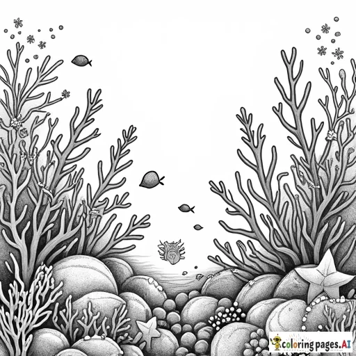 A scene full of corals of different shapes, with starfish, seahorses and small fish. - Free Printable Coloring Page