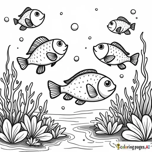 A school of fish of different shapes and sizes swimming around coral and seaweed.  Include details like scales, fins, and cute expressions on the fish. - Free Printable Coloring Page