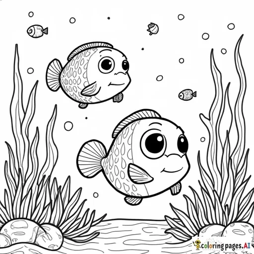 A school of fish of different shapes and sizes swimming around coral and seaweed.  Include details like scales, fins, and cute expressions on the fish. - Free Printable Coloring Page