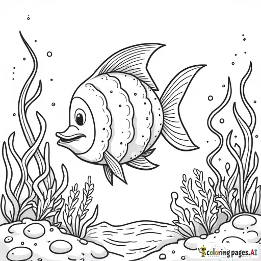 A school of fish of different shapes and sizes swimming around coral and seaweed.  Include details like scales, fins, and cute expressions on the fish. - Free Printable Coloring Page