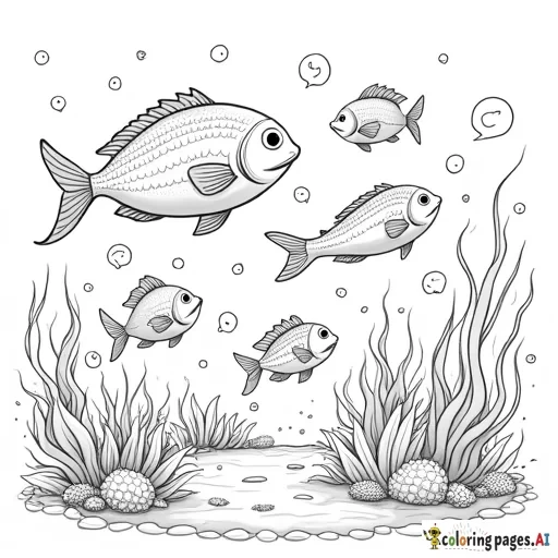 A school of fish of different shapes and sizes swimming around coral and seaweed.  Include details like scales, fins, and cute expressions on the fish. - Free Printable Coloring Page