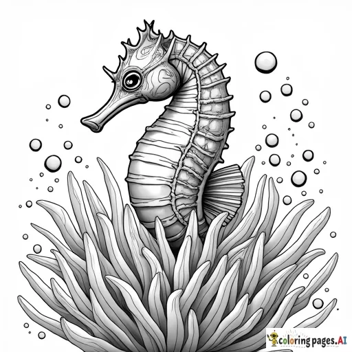 A seahorse wrapped in an anemone, with air bubbles and small fish around it.  Details of anemones with interesting textures. - Free Printable Coloring Page