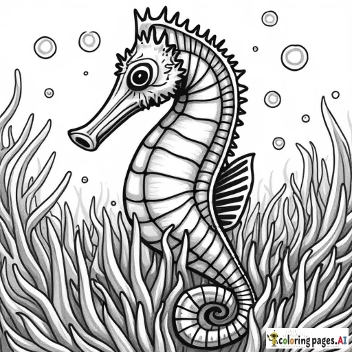 A seahorse wrapped in an anemone, with air bubbles and small fish around it.  Details of anemones with interesting textures. - Free Printable Coloring Page