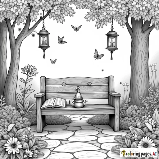 A serene garden bench surrounded by lush flowers, plants, and hanging lanterns. The bench has a soft cushion with a swirling, decorative pattern. On the bench, a book is open with a pair of glasses resting on top, and a teapot with a steaming cup is placed beside it. Tall trees with leaves forming a natural arch surround the scene. Small birds and butterflies flutter in the air, with intricate designs on their wings. A stone pathway leading to the bench is lined with blooming flowers, each petal carefully detailed for coloring. Scattered around the garden are symbols of mindfulness, like: A yoga mat rolled up near the bench. A watering can and gardening tools. Wind chimes with intricate dangling charms. Tiny stars, spirals, and sparkles are subtly placed in the negative spaces. A frame of vines, leaves, and flowers wraps around the page, with hidden affirmations like: "Breathe in peace."