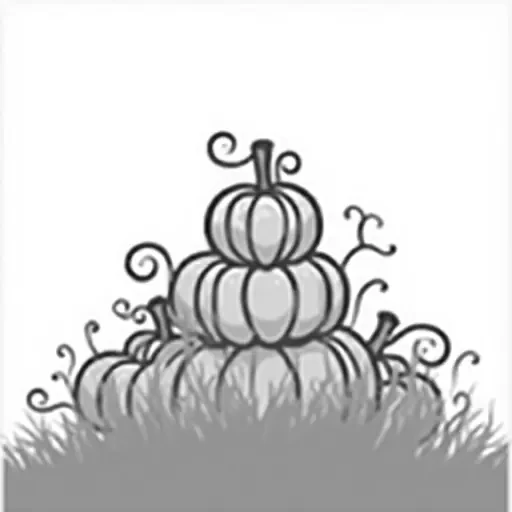 A silhouette of a randomly stacked group of pumpkins.