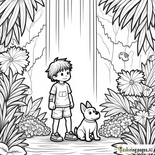 A simple and Funny about A boy and his dog exploring a tropical rainforest with a waterfall and colorful birds , with ultra-thin black outlines in a cute and comfy coloring page style, large areas for coloring, featuring no shading, no texture, no background, no color, no inner details