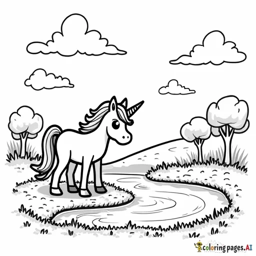 A simple cartoony unicorn looking at a pond in a fantasy land