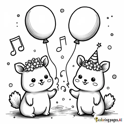 A simple, outlined kawaii style Cute animals wearing flower crowns, and throwing confetti, surrounded by balloons, streamers, and music notes.