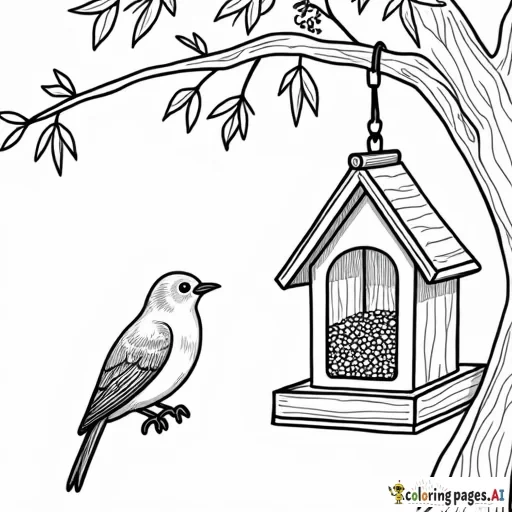a small bird sitting on a tree branch, looking to an open bird trap which houses a single grain seed. coloring page style.