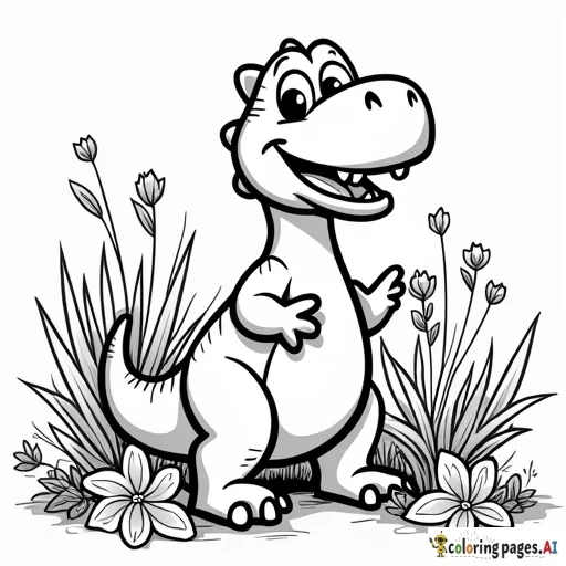 A smiling dinosaur surrounded by colorful plants and flowers.