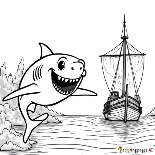A smiling shark with not scary teeth swimming near a sunken ship in black and white - Free Printable Coloring Page