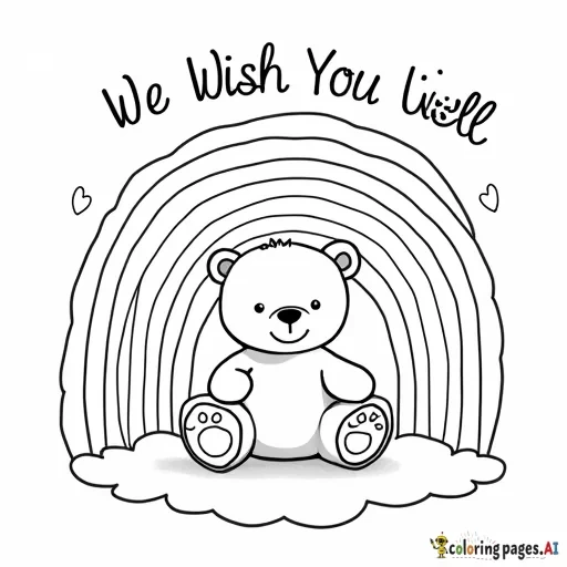 A snuggly bear sitting under a rainbow with We Wish You Well above the rainbow
