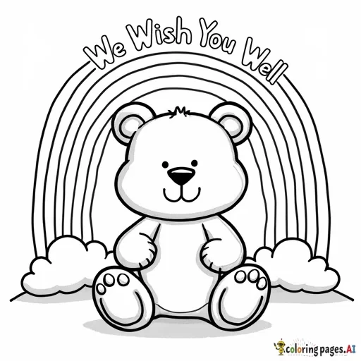A snuggly bear sitting under a rainbow with We Wish You Well above the rainbow