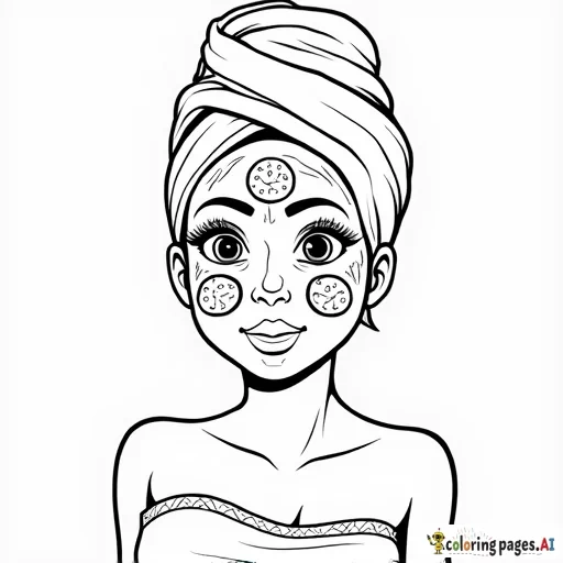 A spa day scene with a girl wearing a face mask, cucumbers on her eyes, and a towel on her head.