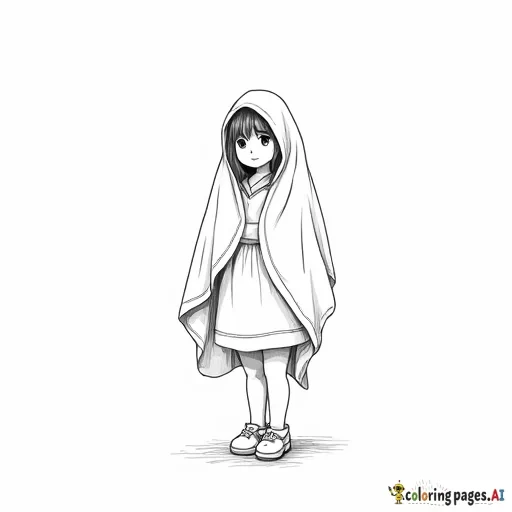 A standing girl with a blanket on her head