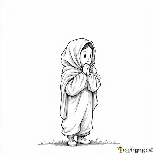 A standing girl with a folded blanket on her head