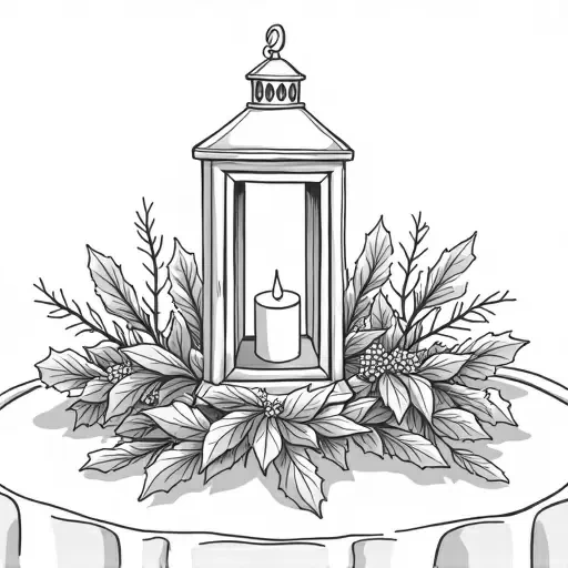 A table center piece with prigs of holly branches with leaves and holly berries and a winter lantern in the center. IN solid black oil median ART. Entire image to be completely surrounded by a bright white background.