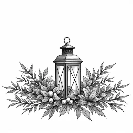 A table center piece with prigs of holly branches with leaves and holly berries and a winter lantern in the center. IN solid black oil median ART. Entire image to be completely surrounded by a bright white background.