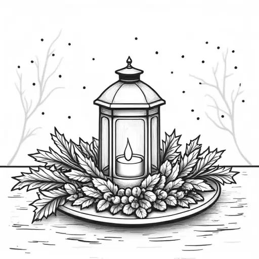 A table center piece with prigs of holly branches with leaves and holly berries and a winter lantern in the center. IN solid black oil median ART. Entire image to be completely surrounded by a bright white background.