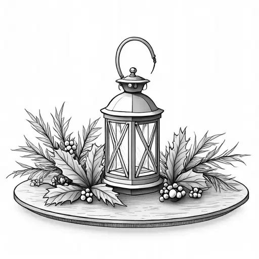 A table center piece with prigs of holly branches with leaves and holly berries and a winter lantern in the center. IN solid black oil median ART. Entire image to be completely surrounded by a bright white background.