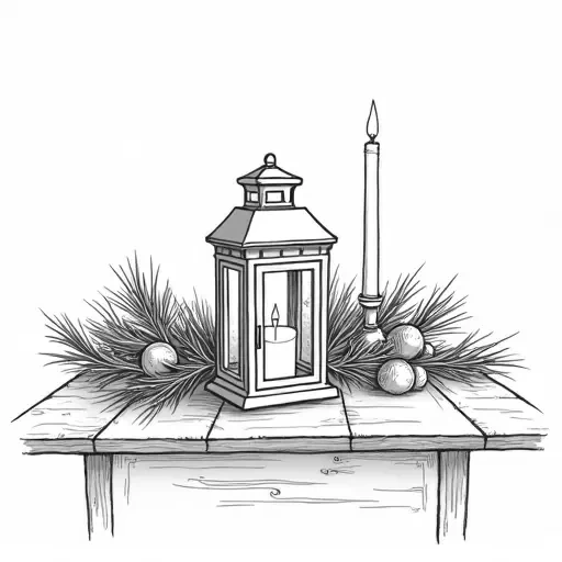 A table center piece with sprigs of pine branches, pine branches and a winter lantern in the center. IN solid black oil median ART. Entire image to be completely surrounded by a bright white background.