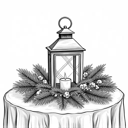 A table center piece with sprigs of pine branches, pine branches and a winter lantern in the center. IN solid black oil median ART. Entire image to be completely surrounded by a bright white background.
