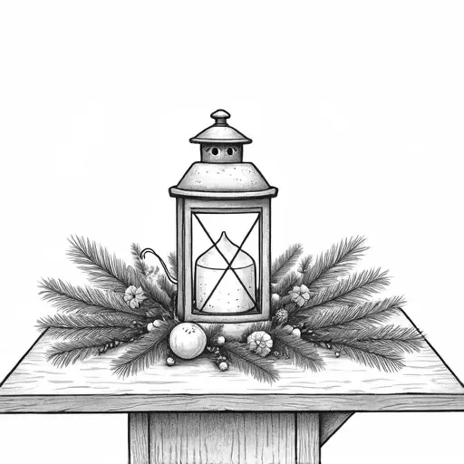 A table center piece with sprigs of pine branches, pine branches and a winter lantern in the center. IN solid black oil median ART. Entire image to be completely surrounded by a bright white background.