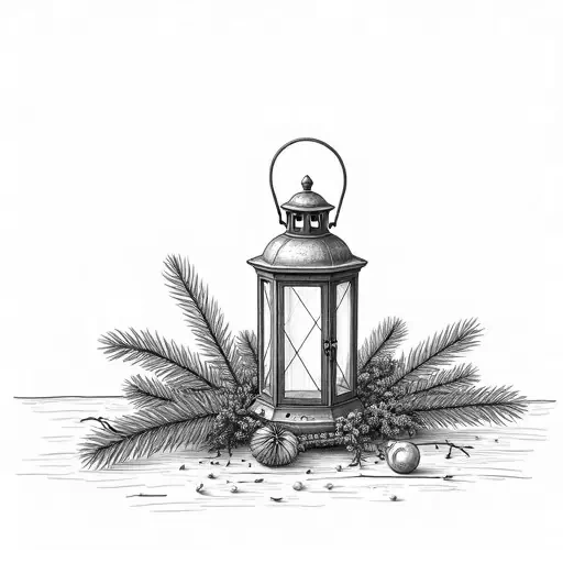 A table center piece with sprigs of pine branches, pine branches and a winter lantern in the center. IN solid black oil median ART. Entire image to be completely surrounded by a bright white background.