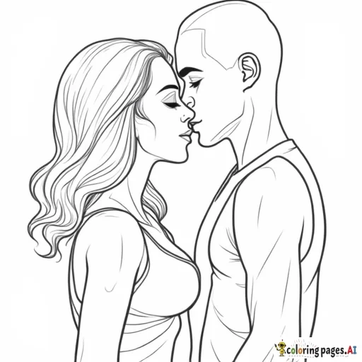 a tall slender man with a shaved head whose wiry strong kissing a short  haired petite woman