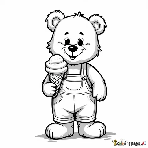 A teddy bear in overalls with a ice cream cone