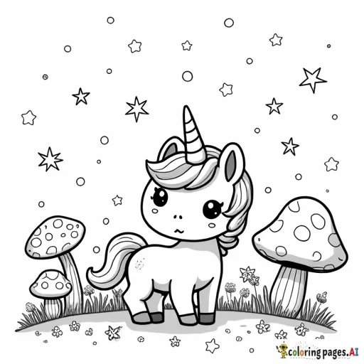 A tiny chibi unicorn with a fluffy mane and tail, standing in a meadow of oversized mushrooms and kawaii-style flowers, with twinkling stars above.