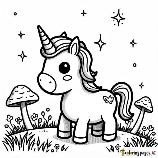 A tiny chibi unicorn with a fluffy mane and tail, standing in a meadow of oversized mushrooms and kawaii-style flowers, with twinkling stars above.