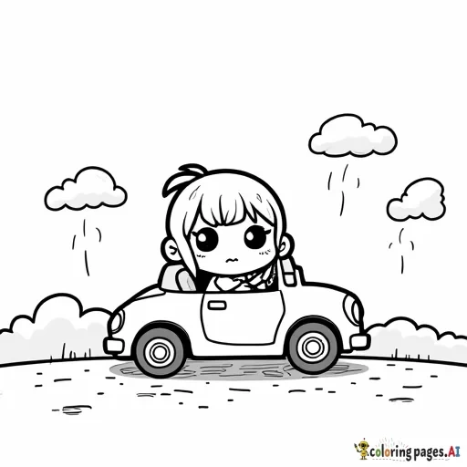 A tired chibi driving a car to work