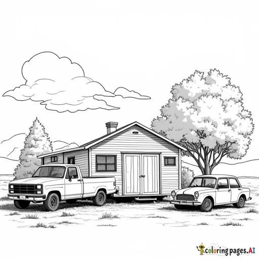 a trailer in the background, with a two stall garage and little shed with an older pick up truck and a hatchback car parked next to a tall tree