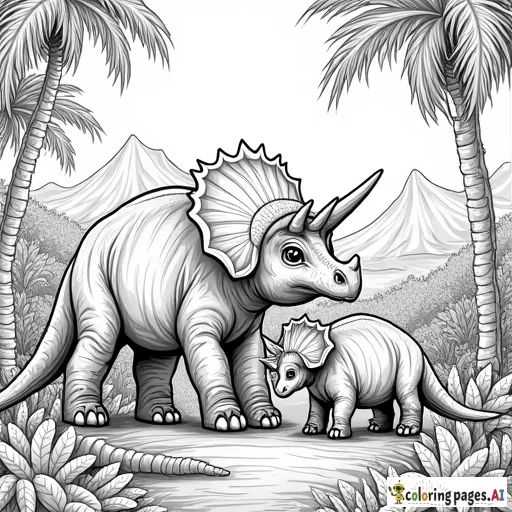 A Triceratops Family in a Lush Prehistoric Jungle – Add ferns, volcanoes, and other ancient plants in the background.