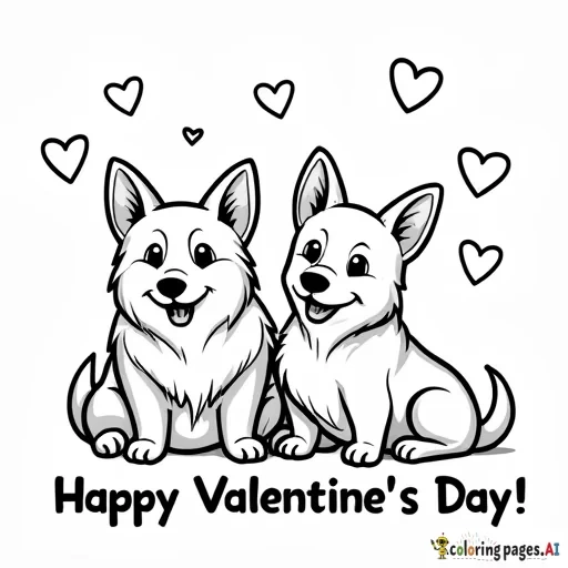 A valentine's day theme with two corgis named Mac & Cheddar.  The corgis have no tail. Incorporate cheddar cheese & mac-n-cheese. Include happy valentines day