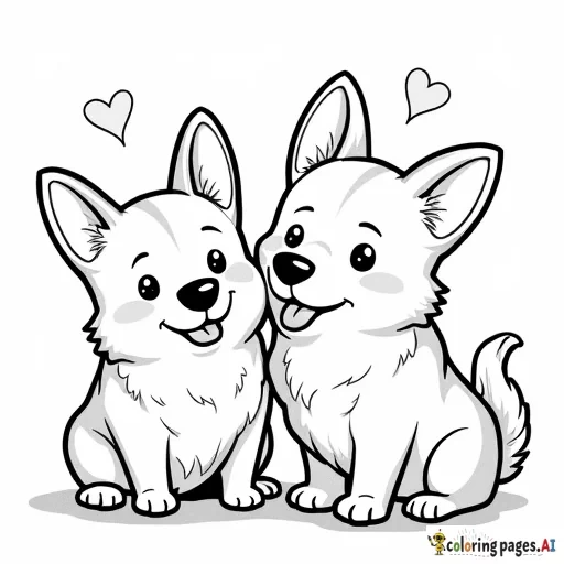 A valentine's day theme with two corgis named Mac & Cheddar.  The corgis have no tail. Incorporate cheddar cheese & mac-n-cheese
