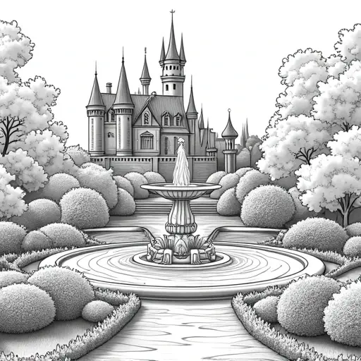 a very large and fancy water fountain with shrubs and flowers surrounding it with castle in the background - Free Printable Coloring Page