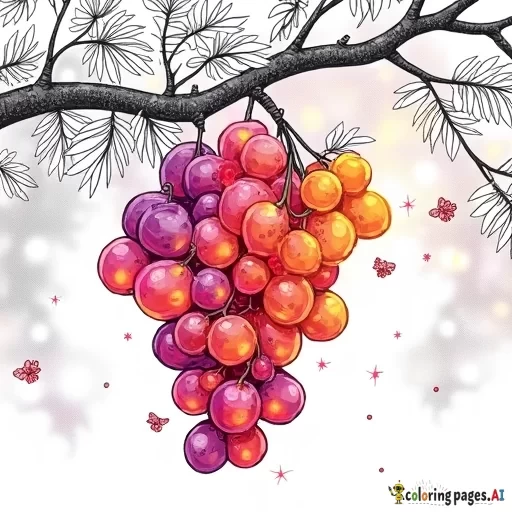 A vibrant and magical cluster of glowing grape-like orbs hanging from a tree branch. Each orb is translucent, containing delicate, colorful flowers—red, pink, purple, and yellow—that glow softly from within. The natural green leaves add contrast, while the background is softly blurred, creating a dreamy and fantastical atmosphere with sparkling lights illuminating the scene."