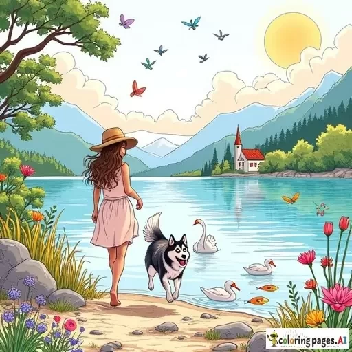 A vibrant, highly detailed illustration of a young woman with long wavy hair, wearing a light summer dress and straw hat, walking barefoot along the shore of a calm, crystal-clear lake. Beside her runs a joyful husky-like dog with an expressive happy face and raised tail. The lake is alive with details: two elegant swans glide on the water, several ducks swim playfully, colorful fish are visible beneath the transparent surface, and bright pink water lilies float among large green leaves. On the shore: tall golden reeds sway gently, wildflowers in many colors (yellow, purple, red, and blue) bloom beside scattered rocks. In the sky: soft white clouds drift across a bright blue background, birds fly in formation, and a warm sun radiates golden light. Around the lake: a variety of trees — pines, birches, and fruit trees with blossoms — frame the scene. In the distance, gentle green hills rise toward pastel-colored mountains, with a small village nestled at their base (red rooftops, a church steeple). Additional details bring life: butterflies and dragonflies flutter above the water, and a playful squirrel perches on a tree branch. The atmosphere is peaceful, warm, and full of color variety, offering countless elements and textures for later adaptation into a coloring book. - Free Printable Coloring Page