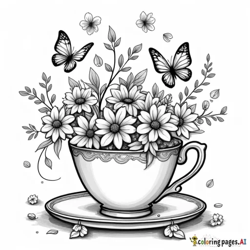 A vintage teacup overflowing with blooming flowers and curling vines, surrounded by delicate butterflies and floating petals. in a kawaii style