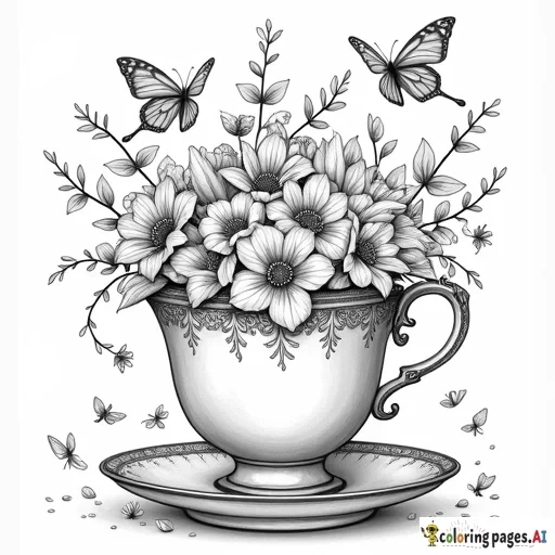 A vintage teacup overflowing with blooming flowers and curling vines, surrounded by delicate butterflies and floating petals.