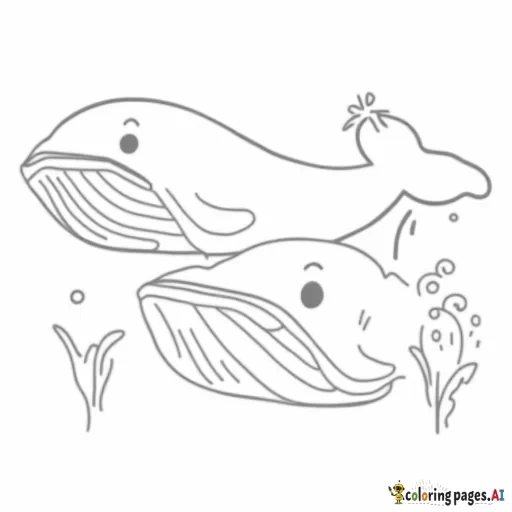 A whale and her calf swimming together, with water coming out of their blowholes.  Add small fish and seaweed around. - Free Printable Coloring Page