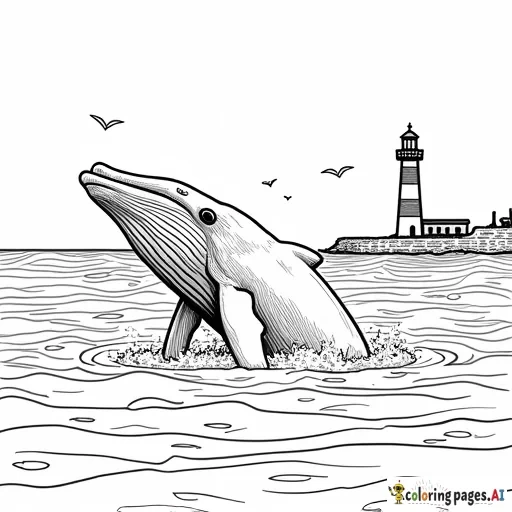 A whale breaching out of the water with a fishing boat and a lighthouse in the background